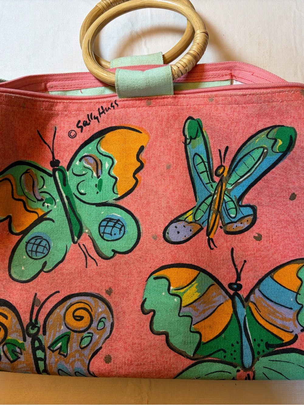 Vintage Sally Huss Hand-Painted Butterfly Canvas Shoulder Bag in Coral and Mint